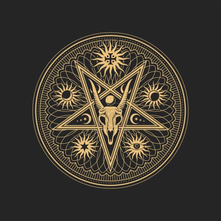Illustration for Occult esoteric pentagram sign with goat skull in star with moon phases and sun with radiant rays inside of circle. Vector spiritual magic emblem, isolated alchemy, wicca or pagan symbol - Royalty Free Image