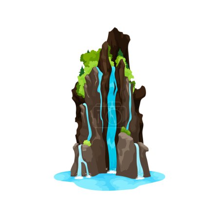Ilustración de Cascada de dibujos animados y cascada de agua. Vector salpicando arroyos y chorros que caen de la roca con vegetación verde. Flujos múltiples aislados, ambiente natural o decoración del parque - Imagen libre de derechos