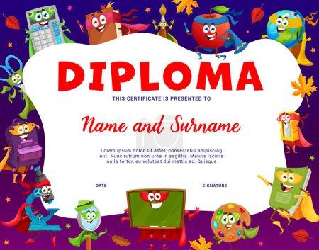 Illustration for Kids diploma cartoon school stationery superhero characters. Vector certificate with blackboard, backpack, textbook and magnifier. Microscope, brush, eraser, notebook and globe educational personages - Royalty Free Image