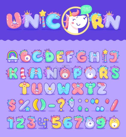 Illustration for Cartoon unicorn font, magic type or typeface, vector letters of baby text alphabet. Pink funny princess unicorn font or girl typography type with cute cartoon fairy characters, kid dream typeface - Royalty Free Image