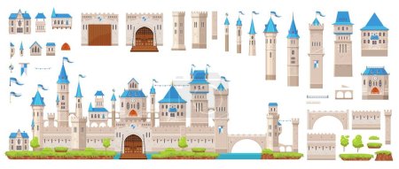 Illustration for Knight stone castle and fortress constructor kit, vector gate tower and turret, bridge and fort walls. Castle or palace building constructor kit, medieval kingdom game or citadel architecture elements - Royalty Free Image