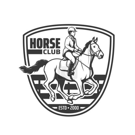 Illustration for Horse club icon of vector equestrian, race, riding or polo sport. Vintage badge of race horse and jockey with horseback rider helmet, saddle and equine equipment, derby or jump competition symbol - Royalty Free Image