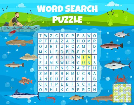 Illustration for Fishing sport word search puzzle game vector worksheet and kids quiz grid. Puzzle or riddle to find word of fisher catching a fish, tuna and salmon, shrimp and crab, pike in lake - Royalty Free Image