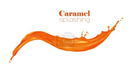 Illustration for Caramel sauce, syrup wave splash. Realistic 3d vector sweet liquid candy swirl, splashing with droplets. Isolated brown melt toffee stream with splatters dynamic motion - Royalty Free Image