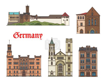 Illustration for Germany buildings of Zittau and Eisenach Wartburg, vector architecture landmarks. German Thuringia and Saxony buildings of Noacksches Haus palace and castle, Predigerkirche and St John church - Royalty Free Image
