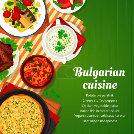 Illustration for Bulgarian cuisine menu cover template. Cheese stuffed peppers, beef kebab Kebapcheta and baked fish in tomato sauce, potato pie Patatnik, chicken vegetable Plakia and cold cucumber yogurt soup Tarator - Royalty Free Image