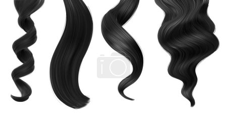 Illustration for Shiny black woman hair strands, straight and ponytail hairstyle or haircut, vector hair care beauty. Realistic female strands and long curls, black hair samples for color dye or shampoo package - Royalty Free Image