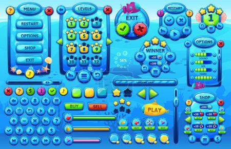 Unterwasser Ozean Spieloberfläche, Cartoon Meer GUI-Elemente, Vektor UI Spiel Vermögenswert. Unterwasserspiel Menüpunkt Tasten und U-Boot-Arcade-Steuerung, Navigationspfeile, GUI-Requisiten und Benutzer Spielobjekte