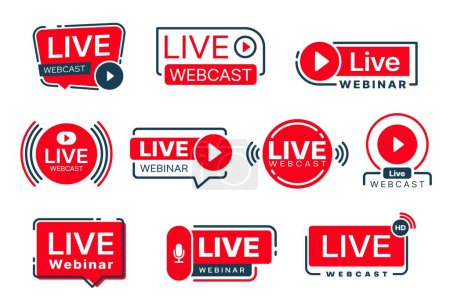 Illustration for Live webinar, webcast icons of online stream video or podcast, vector web player icons. Webinar live channel and streaming web video or microphone symbols for online vlog or tube broadcast - Royalty Free Image
