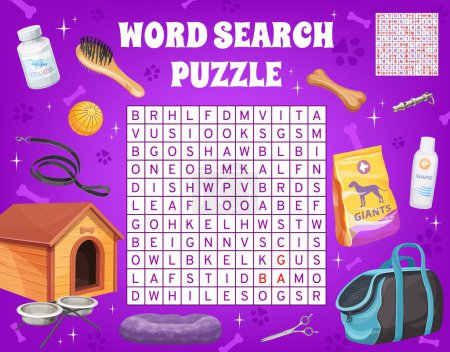Illustration for Dog and puppy pet care accessories on word search puzzle game worksheet. Kids quiz grid, logical test or child educational puzzle, vector playing activity with dog pet toys, food and grooming tools - Royalty Free Image