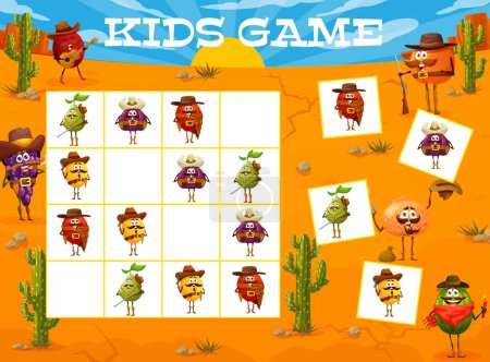Illustration for Sudoku kids game of cartoon cowboy, ranger and bandit fruit characters. Vector block puzzle worksheet with Wild West quiz of Western lychee, melon, fig and pear, watermelon and grapes in Texas desert - Royalty Free Image