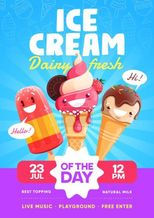 Illustration for Ice cream flyer. Cartoon dessert character. Kids party or event invitation template, vector banner or vertical poster with cheerful frozen dessert, gelateria sweet, sundae and popsicle cute personages - Royalty Free Image