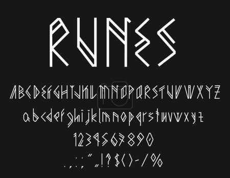Illustration for Viking runes font, scandinavian type or typeface alphabet, vector Nordic runic typography. Norse celtic or scandinavian runes font with Futhark letters, Viking script typeset ABC numbers and signs - Royalty Free Image