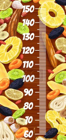 Illustration for Dried fruits. Kids height chart ruler. Children growth centimeters scale vector ruler, children height measure chart with dried lemon, kiwi, banana and rosehip, prune, pineapple and pear, fig, mango - Royalty Free Image