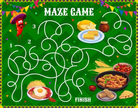 Téléchargez les illustrations : Labyrinthe labyrinthe jeu nourriture mexicaine. Feuille de travail quiz vectoriel enfants aider jalapeno caractère poivre trouver le moyen de fajitas de viande grillée, soupe de haricots, oeuf frit sur les aliments de maïs et tamales - en licence libre de droit