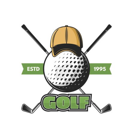 Ilustración de Icono del deporte de golf con clubes cruzados, emblema del vector del campeonato de clubes de golf. Golf deporte y recreación juego o club de la liga signo con sombrero gorra de golfista, pelota y clubes en cinta verde - Imagen libre de derechos