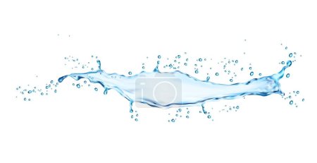 Illustration for Isolated blue water splash with drops. Vector liquid water wave with splashing, dynamic aqua motion splash with spray droplets. Isolated transparent realistic 3d pure water flow - Royalty Free Image