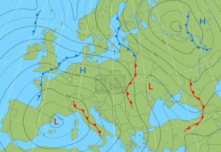 Vorhersage Wetter isobar Karte von Europa. Diagramm für Windfront, Temperatur und Zyklone. Klimatologischer Hintergrund, Klima-Infografiken, synoptische Wettervorhersagevektor-Isobarkarte von Europa