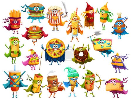 Illustration for Cartoon fast food super hero and defender characters. Vector french fires, pizza, popcorn, burger, sauce, shawarma and tacos, burrito, hot dog, ice cream, donut and soda drink, coffee, cheeseburger - Royalty Free Image