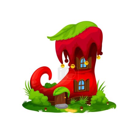Illustration for Cartoon red boot house building or dwelling, isolated vector fairytale clownish footwear house with long curve nose. Fairy, dwarf or gnome cottage. Fantasy home in old shoe with wooden door - Royalty Free Image