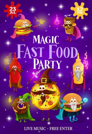 Illustration for Halloween magic party flyer, fast food cartoon wizard and mage characters. Vector poster with funny burger, coffee cup, ketchup and mustard bottles, pizza and donut take away fastfood meal sorcerers - Royalty Free Image