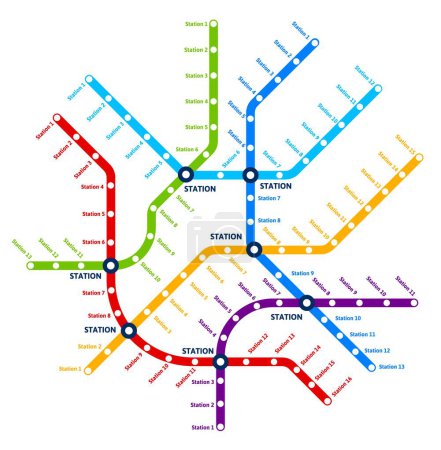 Ilustración de Metro metro, tren subterráneo mapa de transporte de la ciudad, esquema de líneas de metro urbano vector. Metro o metro y plan de red de transporte público con estaciones de tren, autobús o tranvía - Imagen libre de derechos
