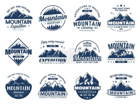 Illustration for Mountain climbing, camping and expedition icons, alpine tourism and trekking club, vector symbol. Mountaineering sport, mountain hiking adventure, nature exploration and scout camping club tours - Royalty Free Image