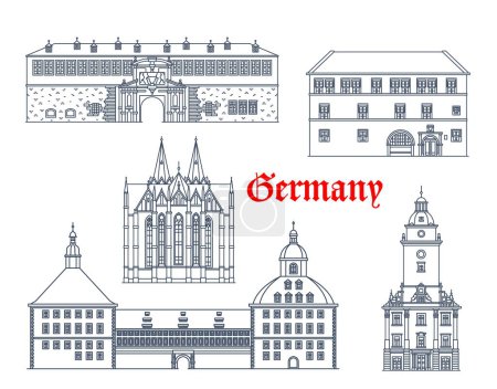 Illustration for Germany, Gotha, Muhlhausen and Erfurt buildings, vector architecture landmarks. Germany Thuringia buildings Rathaus town hall, Divi Blasii church, Petersberg Citadel fortress and Friedenstein Palace - Royalty Free Image