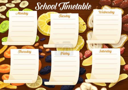 Illustration for Dried fruits. Education timetable schedule. Elementary school study timetable, lessons weekly organizer with dried kiwi, banana and pineapple, apricot, mango and prune, lemon, dogwood and pear, apple - Royalty Free Image