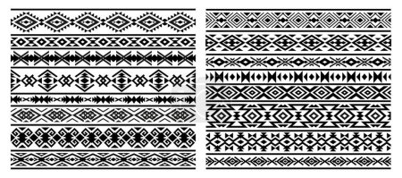 Aztec, Mayan Mexican borders patterns, vector ethnic geometric ornament and frame backgrounds. Seamless embellishment decoration of Mexico or Native American, Indian and African pattern for tattoo