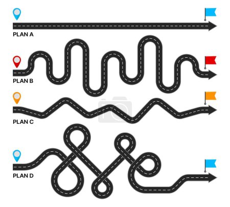 Plan B. Destination point. Expectation, reality path way, challenge possible scenario or difficult path to goal, success alternative strategy or journey to life complicated target, vector