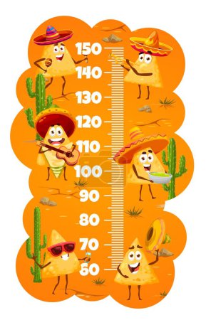 Ilustración de Regla de carta de altura para niños con divertidas fichas de nachos mexicanos de dibujos animados, medidor de crecimiento de vectores. Escala de altura para niños o carta alta con barcos nachos en sombrero y poncho con guitarra, maracas y guacamole - Imagen libre de derechos
