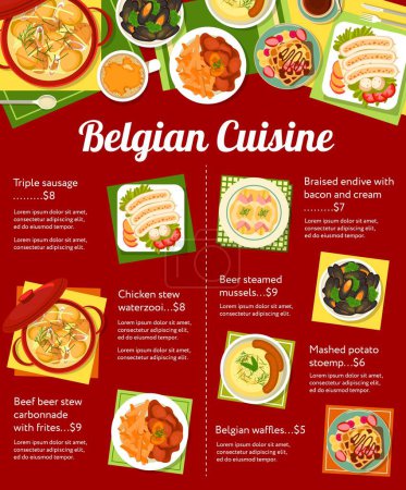 Illustration for Belgian cuisine menu, food dishes and lunch or dinner meals, vector poster. Belgium cuisine restaurant traditional food triple sausage, Belgian waffles, mashed potato stoemp and chicken stew - Royalty Free Image