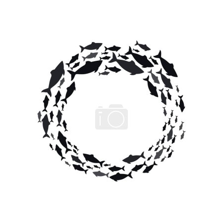 Téléchargez les illustrations : Cadre rond de thons aquatiques nageant, bancs et bancs de poissons en silhouette circulaire. Ecole vectorielle de poissons nageant en cercle, troupeau de morue marine - en licence libre de droit