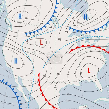 Forecast weather isobar USA map. Meteorology wind front and temperature diagram. United States of America weather forecast isobar map or vector background with cyclones, atmospheric pressure borders