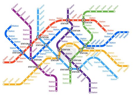 Ilustración de Mapa del metro, metro, transporte subterráneo. Sistema de metro de Metrópolis, plano vectorial de líneas de metro. Régimen de transporte urbano, red ferroviaria o de viajeros, estaciones de autobuses o tranvías - Imagen libre de derechos