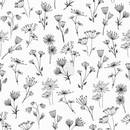 Illustration for Outline floral twigs and sprigs seamless pattern of flower umbrella vector background. Doodle twig sprigs, tree or plant branches in floral contour of dill or lavender blossom pattern - Royalty Free Image