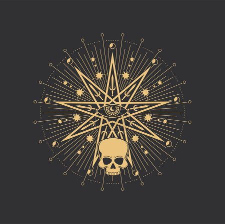 Ilustración de Pentagrama, círculo esotérico mágico, estrella oculta y cráneo, símbolo de ojo vectorial para tarot. Pentáculo oculto de negro, brujería y místico Satanás o hechizo de bruja, signo de alquimia diabólica con cráneo, ojo y estrellas - Imagen libre de derechos