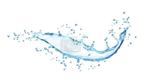 Illustration for Blue water wave splash with drops, isolated water flow. Realistic vector transparent flow, aqua swirl with liquid splashing. Dynamic motion with spray droplets, fresh drink 3d design element for ads - Royalty Free Image