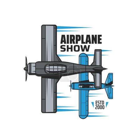 Illustration for Airplane show icon with vintage propeller planes. Airshow event, aviation history exhibition vector emblem or icon with vintage propeller monoplanes, old military fighters or bombers planes - Royalty Free Image