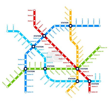 Ilustración de Mapa del transporte urbano de metro, metro y ferrocarril. Plano del mapa del metro o metro urbano del metro vectorial con líneas y estaciones de tren o autobús o red de transporte BTS y LRT - Imagen libre de derechos