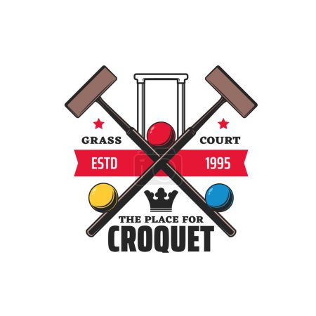 Illustration for Croquet sport icon. Sport game competition match retro emblem or symbol. Croquet team or league club tournament, contest vector vintage icon or sticker with crossed mallets, wicket gate and balls - Royalty Free Image