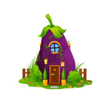 Illustration for Cartoon fairytale eggplant home or dwelling. Isolated vector fairy tale vegetable house building on green field. Fantasy fnome, dwarf or elf cute cottage with wooden door, round window and fence - Royalty Free Image