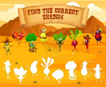 Illustration for Find correct shadow of cowboy ranger, sheriff and robber vegetables on Wild West, vector quiz. Shadow matching puzzle game with cartoon cucumber sheriff, pepper cowboy and Texas ranger broccoli - Royalty Free Image
