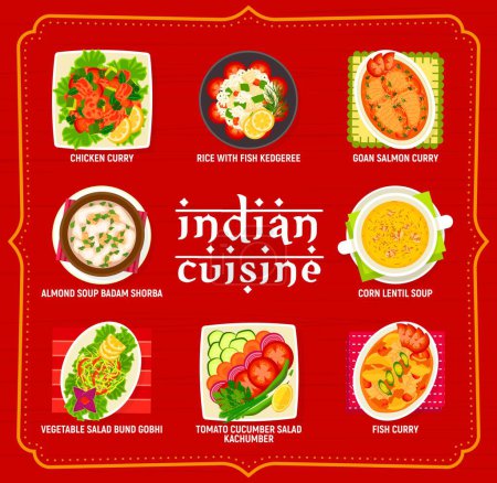 Illustration for Indian cuisine restaurant food menu. Chicken curry, tomato cucumber salad Kachumber and corn lentil soup, salmon fish curry and almond soup Badam Shorba, vegetable salad Bund Gobhi, rice Kedgeree - Royalty Free Image