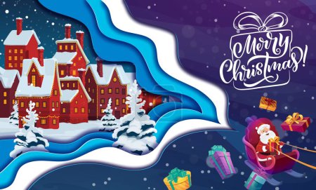 Illustration for Christmas paper cut, cartoon Santa on sleigh with gifts, vector holiday background. Merry Christmas papercut or 3d cutout with Santa riding sleigh on snow in winter town with Xmas trees and lights - Royalty Free Image