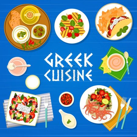 Cubierta de menú de cocina griega, comida griega y platos mediterráneos, vector. Restaurante de cocina griega ensaladas tradicionales, tzatziki con queso halloumi y mariscos pulpo con aceitunas