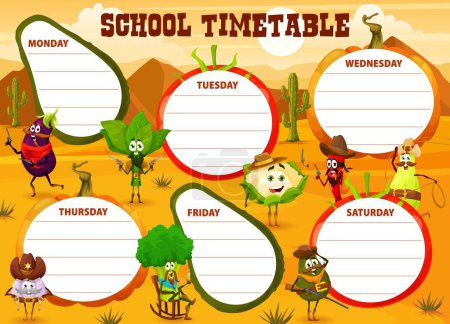 Illustration for Timetable schedule. Cartoon cowboy, bandit, sheriff and ranger vegetable characters. Kids lesson timetable with eggplant, spinach and garlic, broccoli, cauliflower and zucchini, pepper and avocado - Royalty Free Image