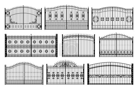 Illustration for Mansion iron gates. Victorian steel fence, park or mansion metal retro entrance. Iron lattice, victorian manor forged gates with floral decor vector silhouettes collection - Royalty Free Image