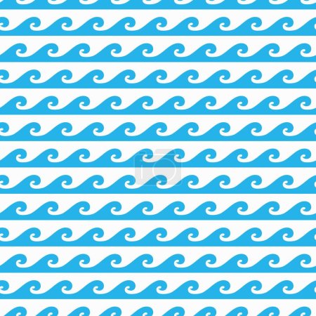 Téléchargez les illustrations : Océan bleu et vagues de surf de mer modèle sans couture. Ornement décoratif monochrome vectoriel de style nautique rétro. Rayures marines sur fond blanc, décor de papier d'emballage, wallpeper ou décoration textile - en licence libre de droit